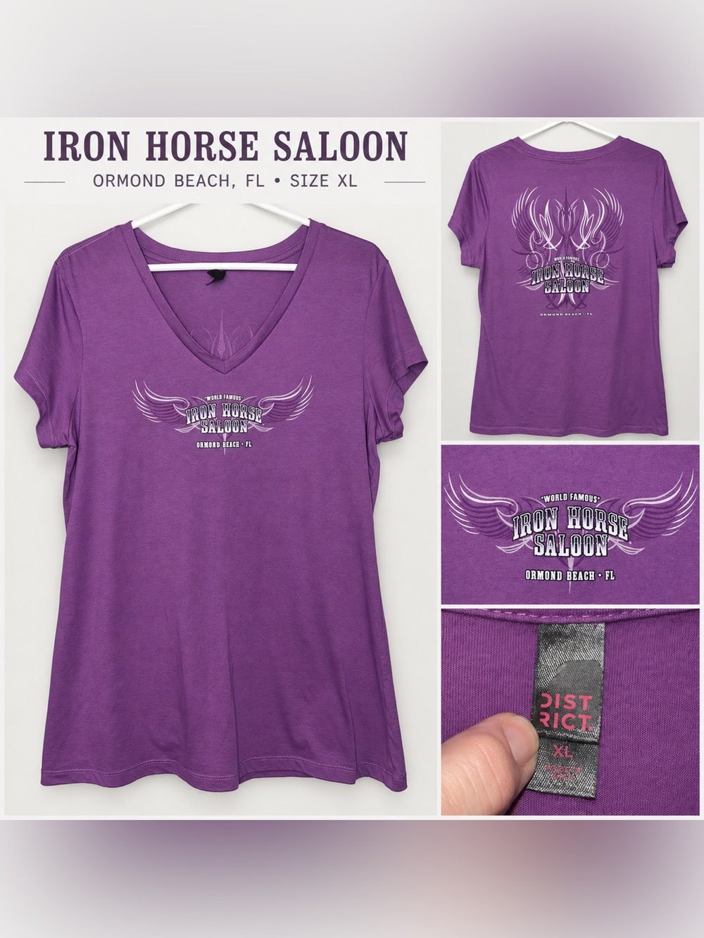 District Women’s Purple V-Neck Tee with Iron Horse Saloon Graphic